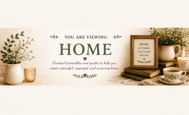 Cozy home decor banner with practical printables and guides for an organized and nurturing home.