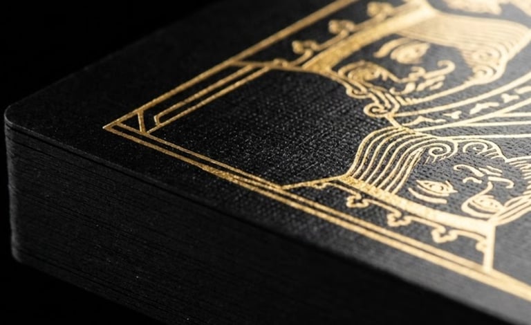 Custom tarot deck with matte black edges and gold foil details.