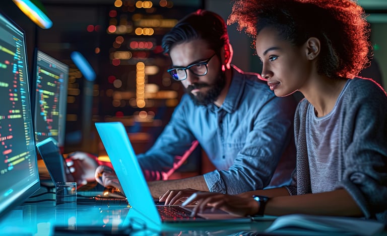 Homem e mulher trabalhando em um laptop, simbolizando desenvolvimento de tecnologias para projetos."
