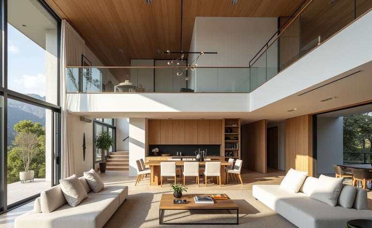 una sala de estar en doble altura, con sofas