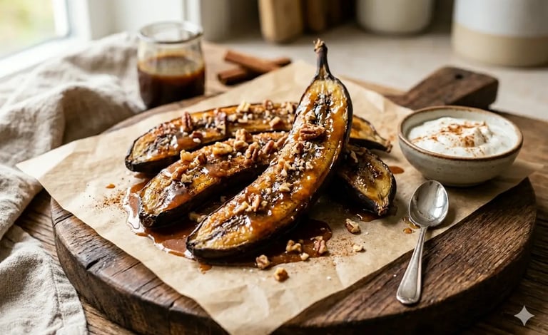 Bananas assadas caramelizadas com nozes-pecã e xarope de bordo servidas sobre uma tábua rústica 