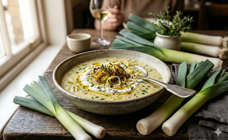 Sopa cremosa de alho-poró em tigela rústica, com ervas, acompanhada de talos frescos sobre mesa