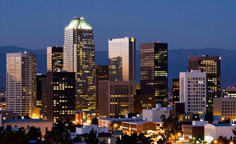 Investigator reviewing documents with cityscape of Albuquerque visible through the office window.