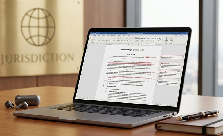 Legal professional reviewing an international merger agreement on a laptop in a law office.