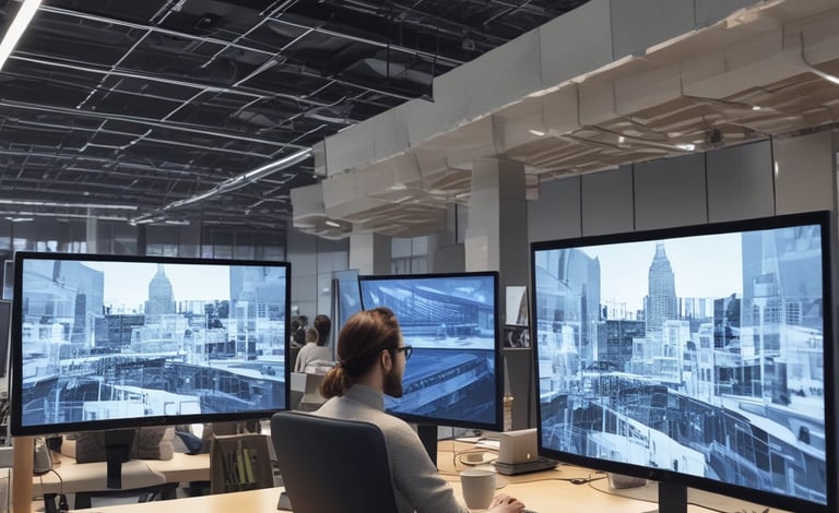 A professional team collaborating over engineering blueprints in a modern office.