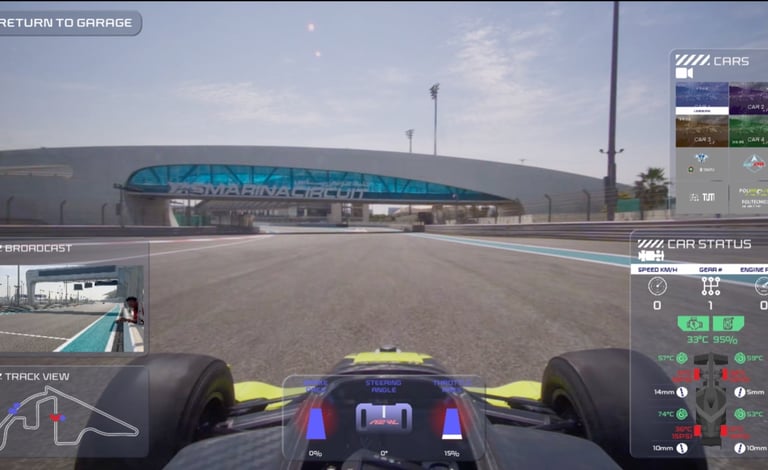 a car driving on a race track with a view of a stadium