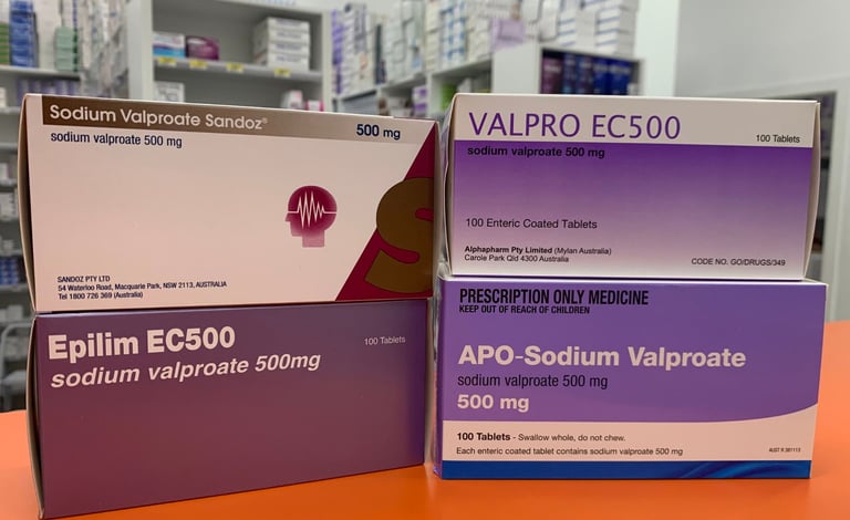 Image of 4 boxes of different brands of valproate in an Australian pharmacy