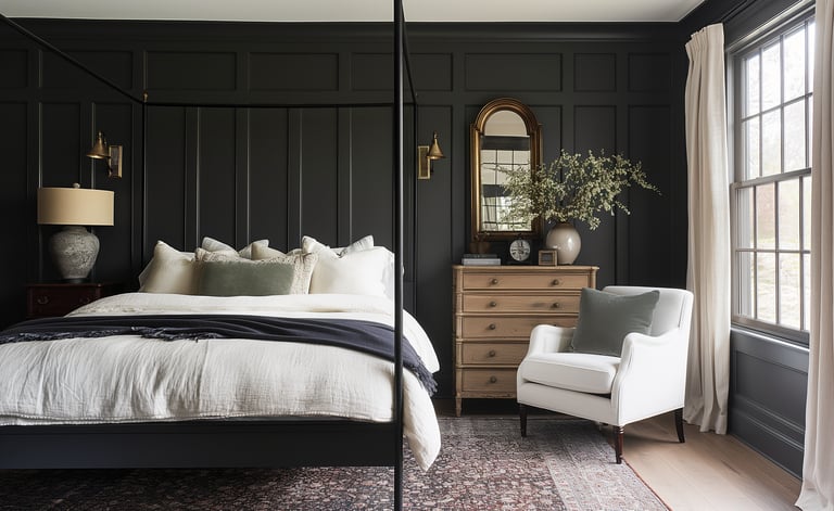 a bedroom with a canopy bed and a chair with moody color walls