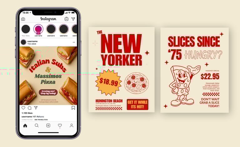 Massimo’s Pizza rebrand social media designs promoting subs, pizza specials, and heritage