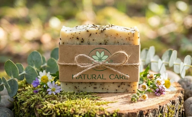 Natural Care savon bio emballé dans du carton avec logo 