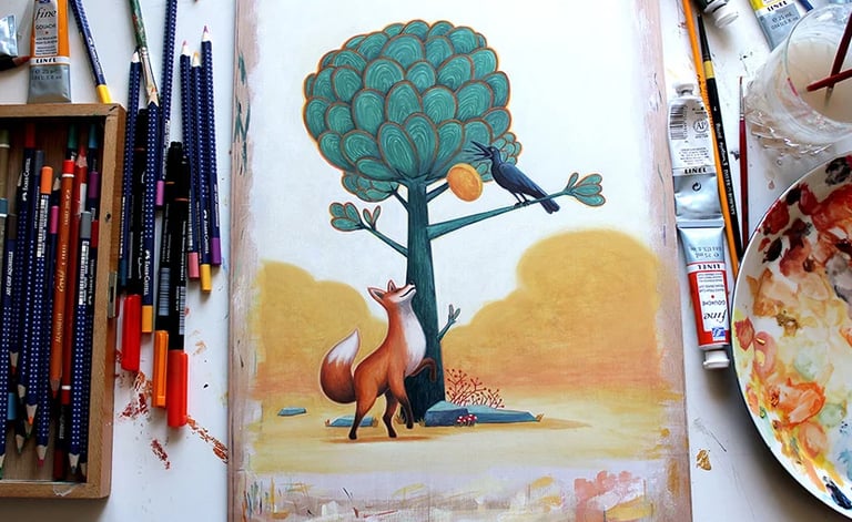 Photo d'une illustration en cours de réalisation sur le thème du cordeau et du renard de Jean de la fontaine