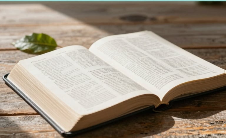 An open Bible on a rustic wooden table, with soft morning sunlight catching the pages. A single green leaf sits beside it. The image is bright, peaceful, and clean, using the brand colors #F7FCFA and #8DAF9E.