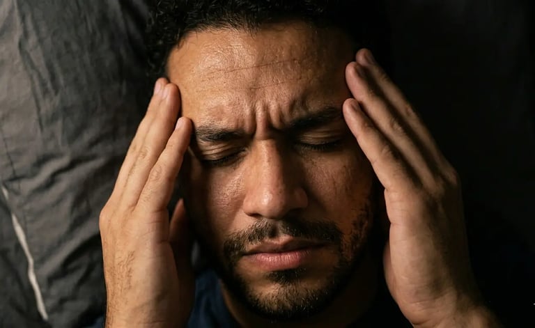 A man lying in bed holding his temples while suffering from a painful migraine headache.