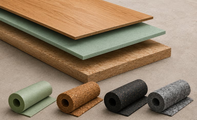Stacked wood planks and underlayment rolls featuring cork and foam for flooring insulation.
