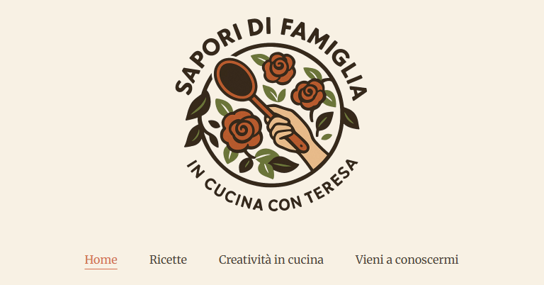 Sapori di Famiglia logo featuring a hand holding a wooden spoon surrounded by roses for Italian recipes.