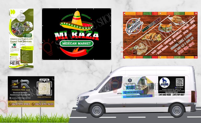 Ejemplo de colgador de puerta, banners, yard sign y magnetos para carro - Solugraphic Shop