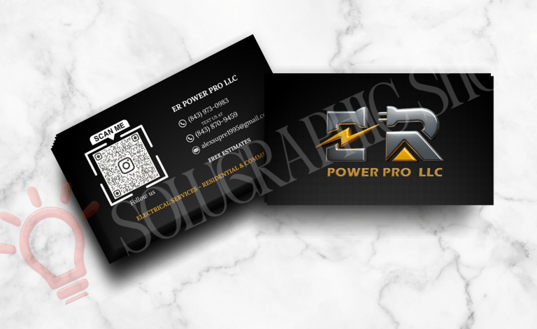 Tarjeta de presentación personalizada de ER Power Pro LLC con logo y código QR.
