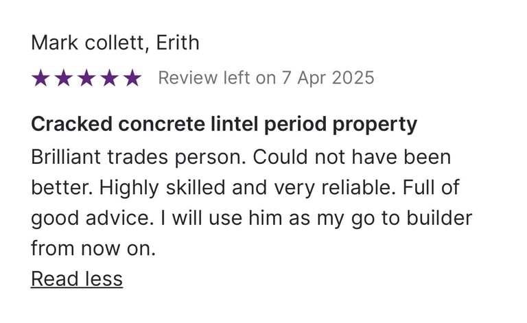 Five-star customer review for a builder repairing a cracked concrete lintel in a period property.