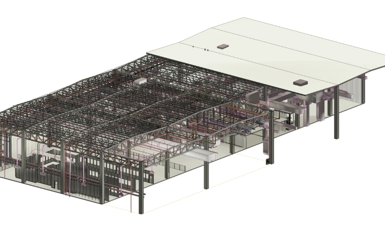 a building with a metal structure and a metal structure
