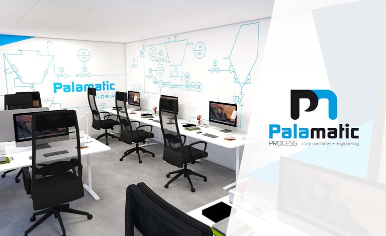 Modern industrial engineering office at Palamatic Process featuring rows of computer workstations and technical wall