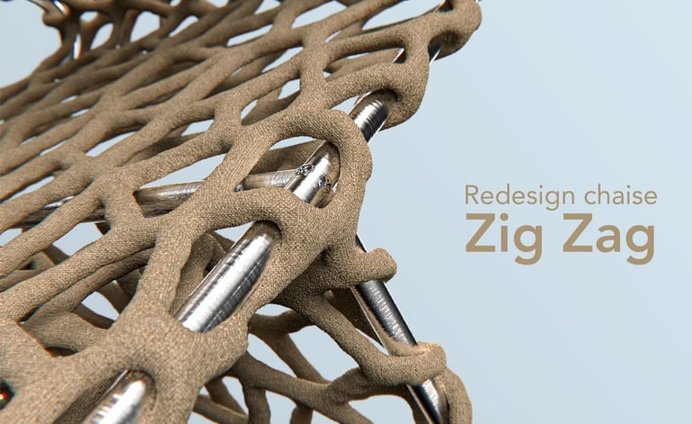 Close-up of the Zig Zag redesign chaise featuring 3D printed mesh over a metal frame.