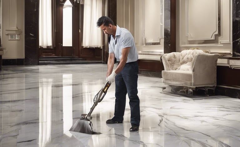 a man cleaning a marble floor in a hotel
