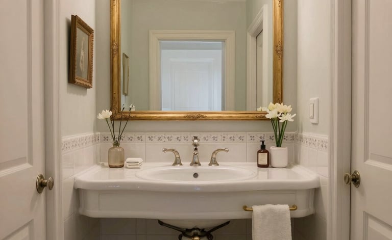Baño clásico y elegante con lavabo blanco, espejo grande con marco dorado y detalles florales.