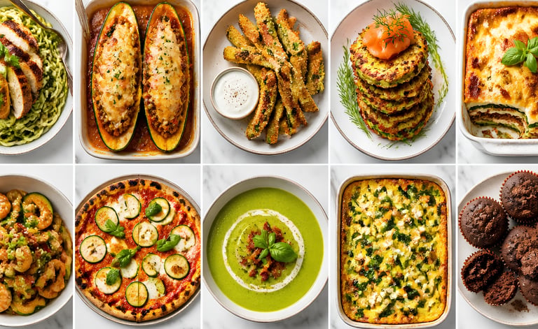 A variety of healthy zucchini recipes including stuffed boats, fritters with salmon, and green soup.