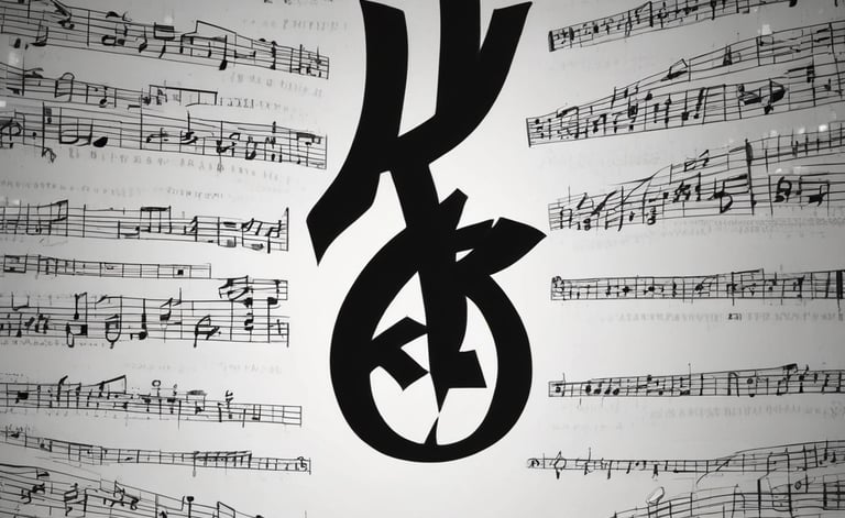 PIECE OF K. symbol over layered sheet music – artistic music identity