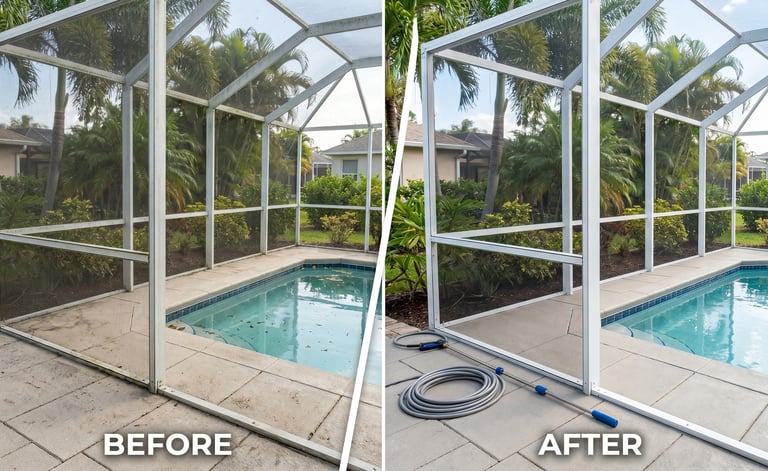 Before and after results of a professional pool cage and deck pressure washing in Cape Coral.