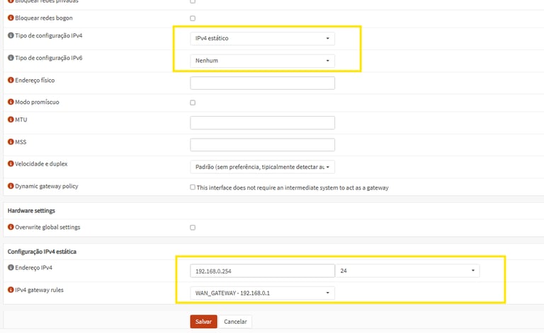 Definindo um IP fixo na interface WAN do OPNsense