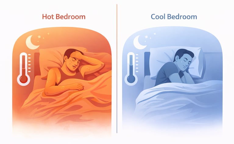 Comparison of a person sweating in a hot bedroom versus sleeping soundly in a cool bedroom temperature.