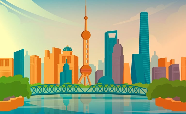 Shanghai cityscape of a bridge over a river