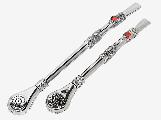 Two ornate silver bombilla straws for yerba mate tea featuring red stone accents.