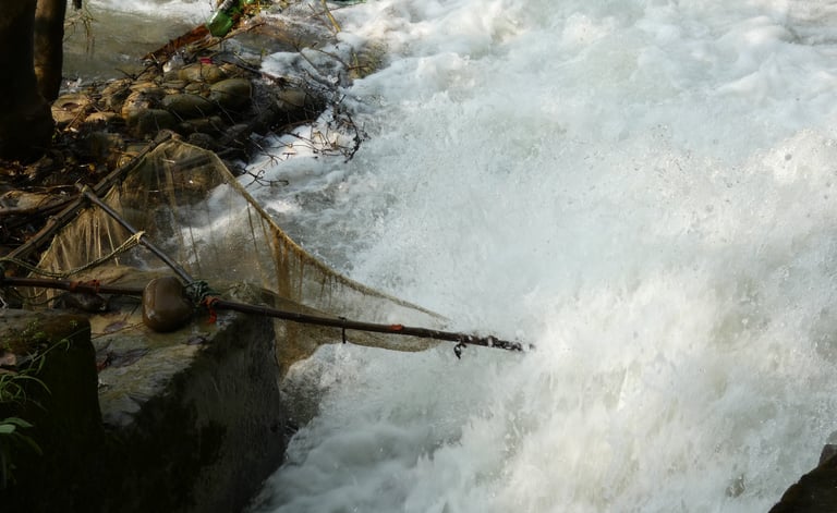 pêche au filet dans la rivière à Thakudwara