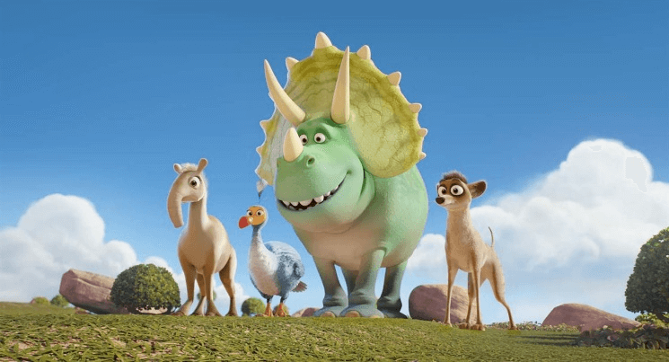 personagens principais do filme: um Macrauchenia, um dodo, um tricerátops e um lobo-da-tasmânia