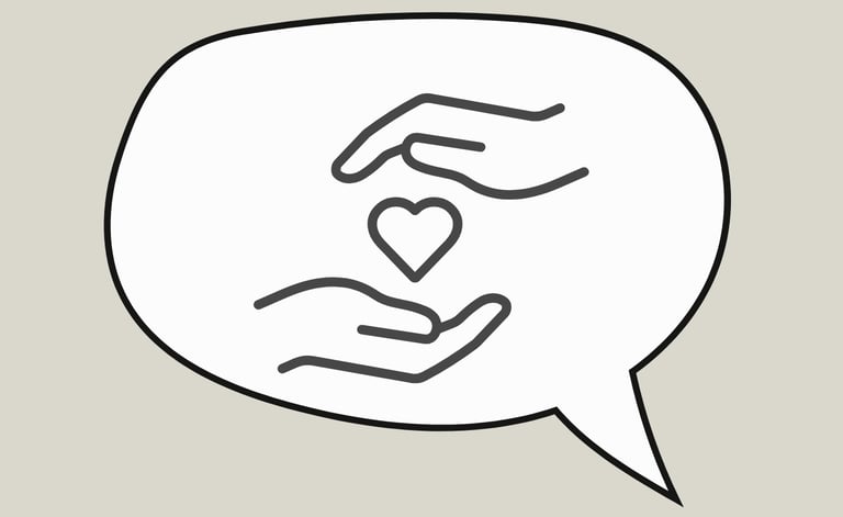 Hands hovering over a heart in a speech bubble.