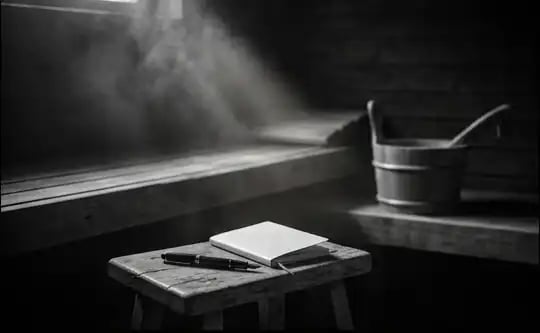 Visual: Finnish sauna interior, 'The Lottery Fixer' memoir by Kyle Keehan.