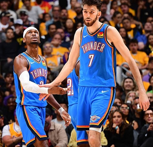 SGA and Chet Holmgren of the OKC Thunder during a playoff game against the Los Angeles Lakers (May 11, 2026)