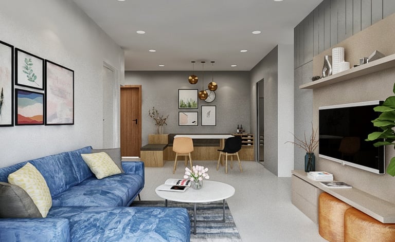 a living room with a couch and a television