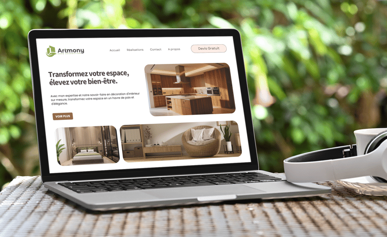 Ordinateur portable affichant le site web et le logo d'un designer d'intérieur avec des images