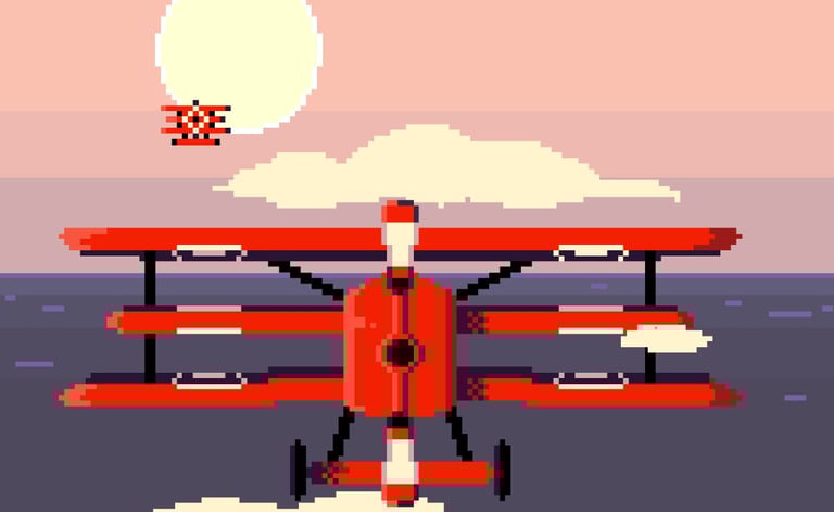 a red biplane flying over the ocean