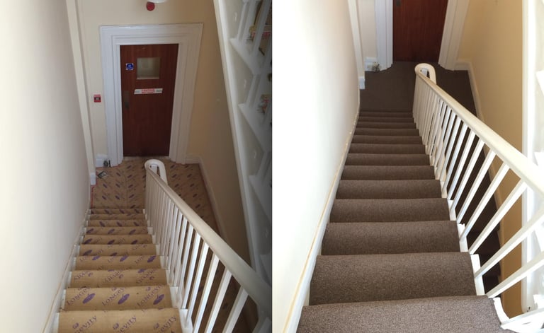 Before and after Hove staircase carpet installation featuring a durable brown textured pile.