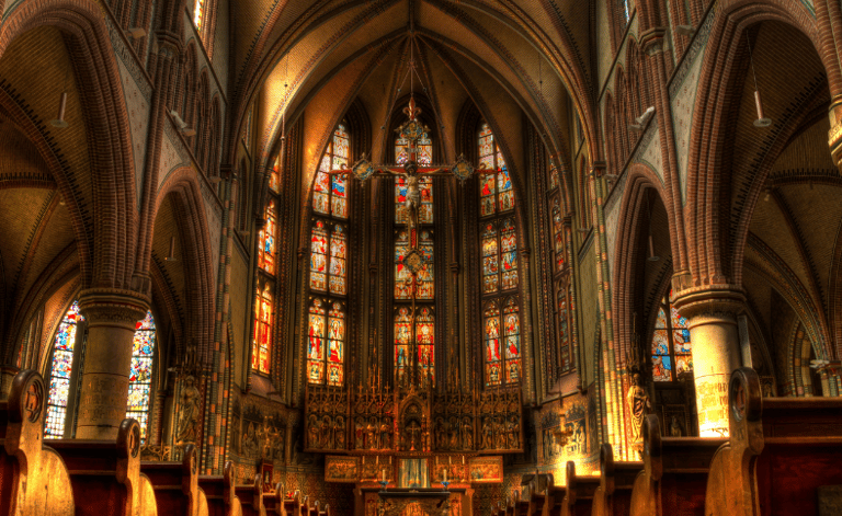 Catholic church with stained glass windows