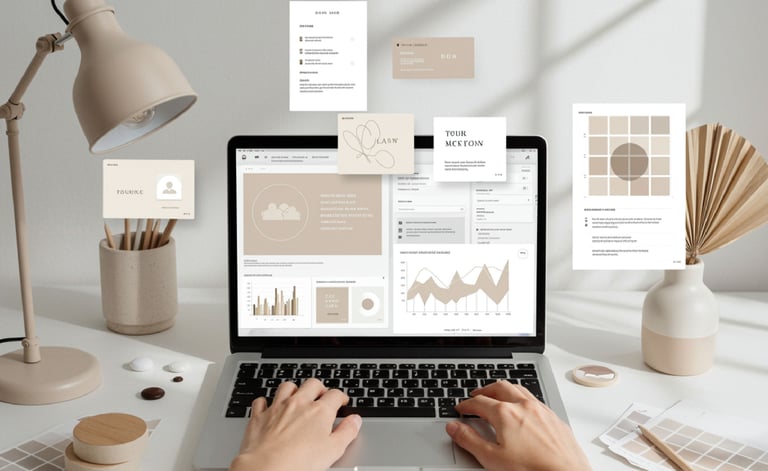 Una persona usa una computadora portátil para marketing digital y diseño gráfico en un escritorio