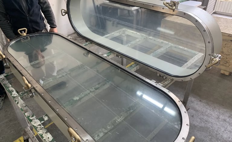 Een van onze langwerpige rvs patrijspoorten tijdens het productieproces in de werkplaats