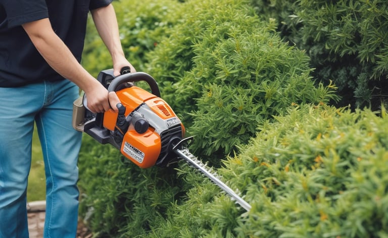 A gardener carefully trimming vibrant green shrubs in a sunlit garden.