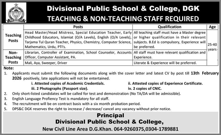 Divisional Public School and College Dera Ghazi Khan Jobs 2026 February Teachers & Others Latest