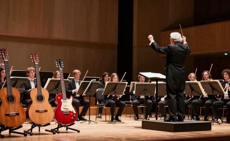 Wide panoramic view of a dramatic concert stage split in lighting. On the left third, under soft warm spotlights, a classical guitar, an acoustic guitar, and a bold red Paul Reed Smith electric guitar sit on wooden stands. On the right two-thirds, the empty chairs and polished wood instruments of a small chamber orchestra are visible, with a white-haired conductor in a tuxedo standing with his back to the audience, baton raised high in the air.