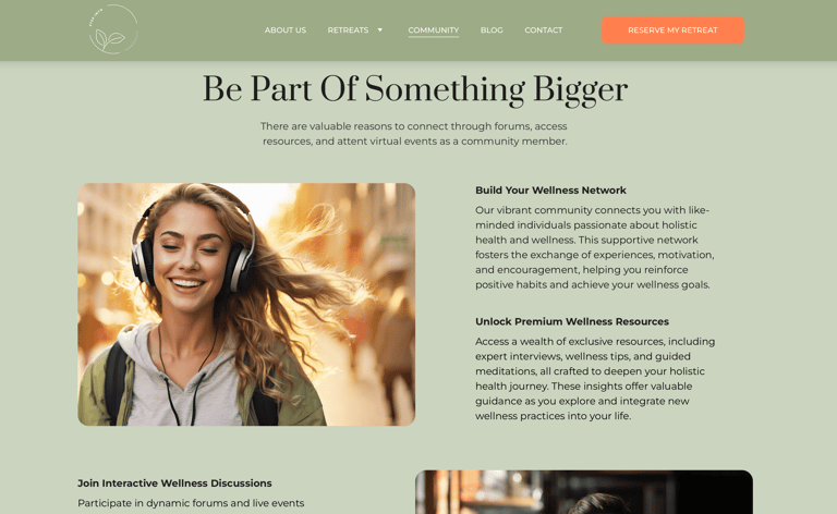 Woman with headphones smiling, part of Step Into Tranquility’s wellness community